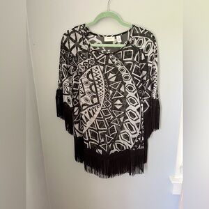 Chico's Black and‎ White Geometric Fringe Blouse